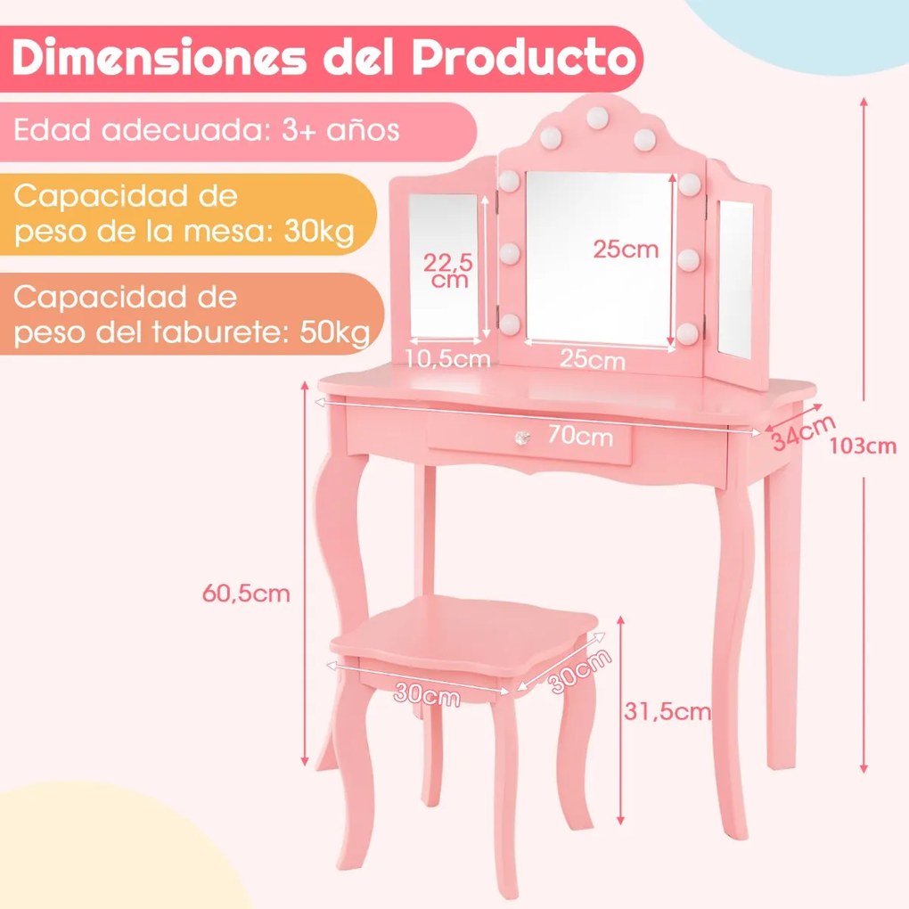 Conjunto de toucador e banco para raparigas 2 em 1 com espelho de vidro real triplo rebatível e gaveta Rosa