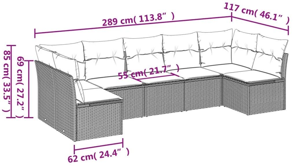 7 pcs conjunto de sofás p/ jardim com almofadões vime PE bege