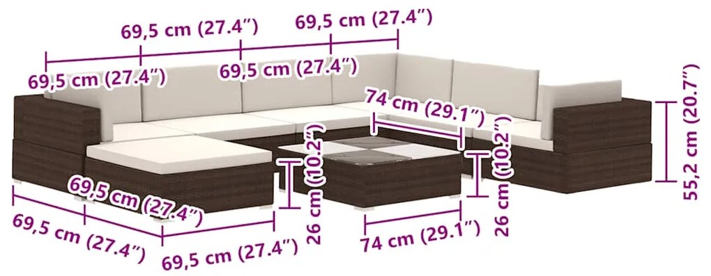 8 pcs conjunto lounge jardim c/ almofadões vime PE castanho