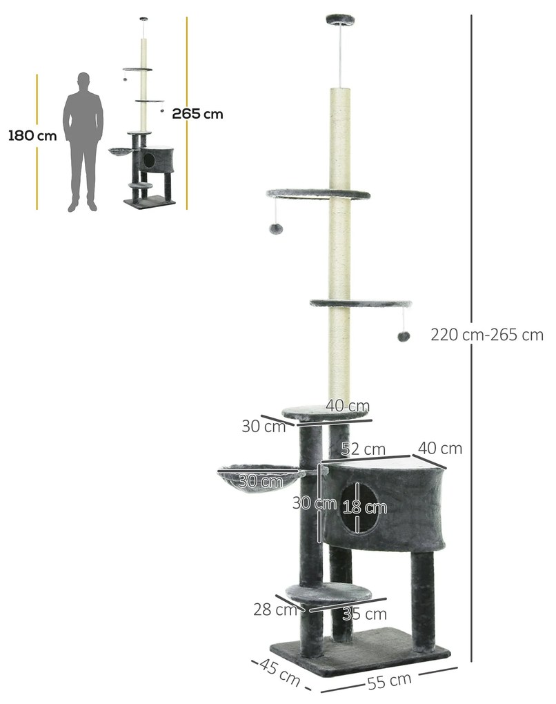 PawHut Árvore para arranhar para gatos 220-245 cm Altura Ajustável ao