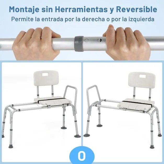 Banco de transferência para banheira ajustável em altura com assento, encosto, apoios para os braços e cinto de segurança