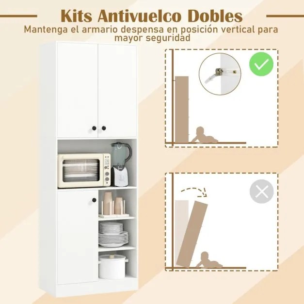 Armário alto de cozinha para despensa 60 x 33 x 166 cm com suporte para micro-ondas com portas Branco