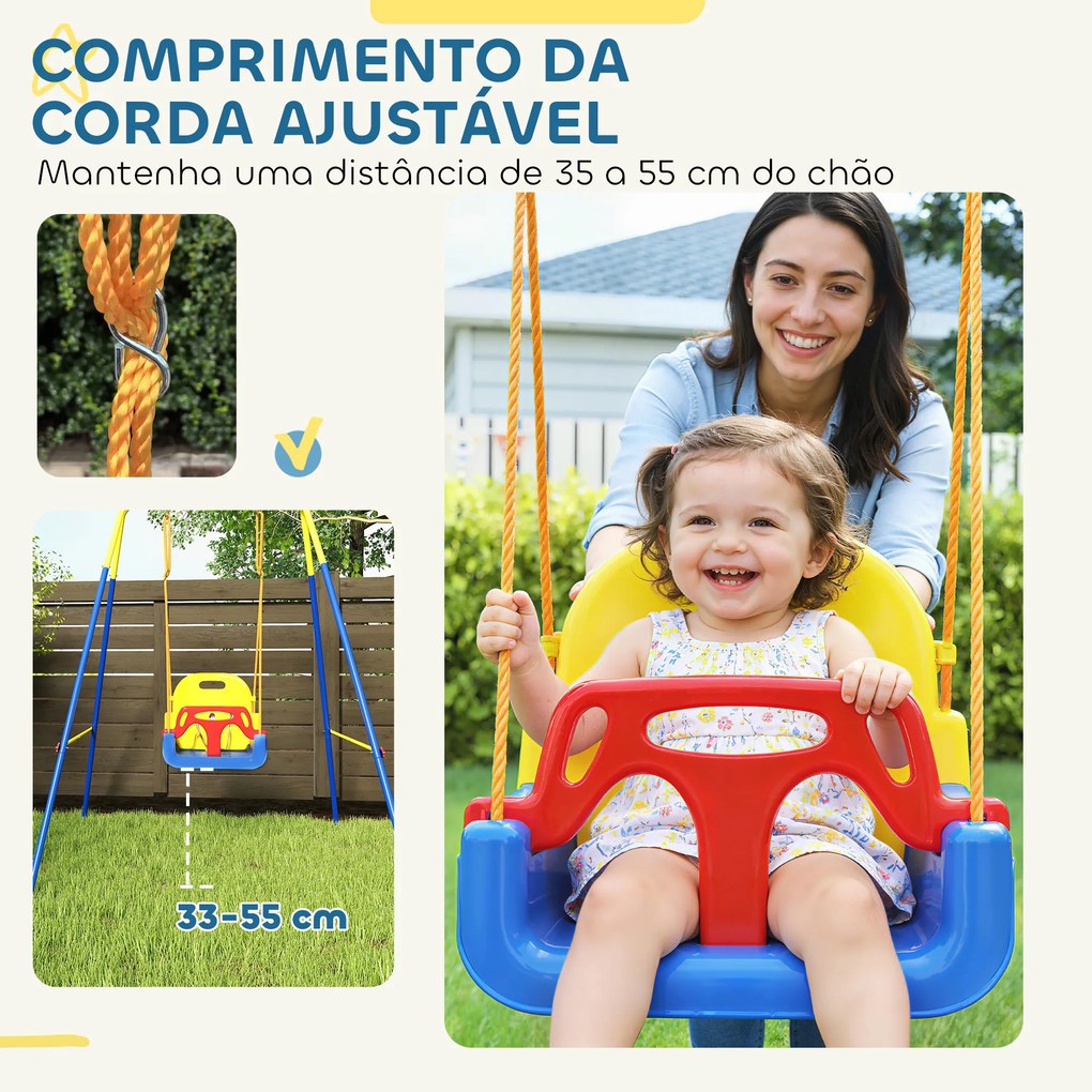 Baloiço para Bebés 3 em 1 Baloiço Jardim com Cordas Ajustáveis Cinto de Segurança Estrutura em A Dobrável 128x155x157 cm Azul