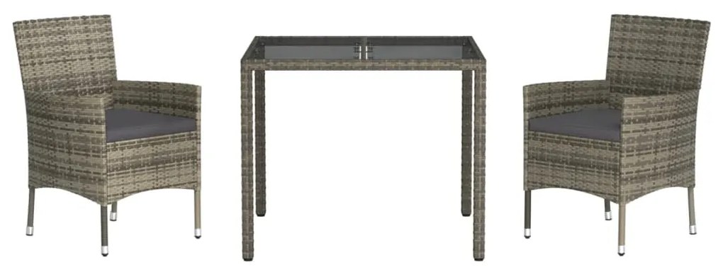 3 pcs conjunto de jantar p/ jardim c/ almofadões vime PE cinza