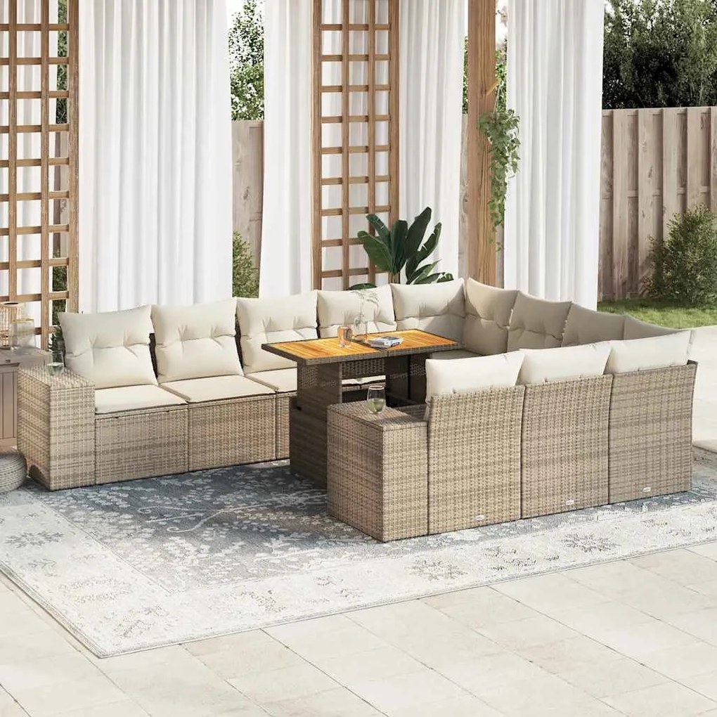 vidaXL 10 pcs conj. sofás p/ jardim c/ almofadões vime PE/acácia bege