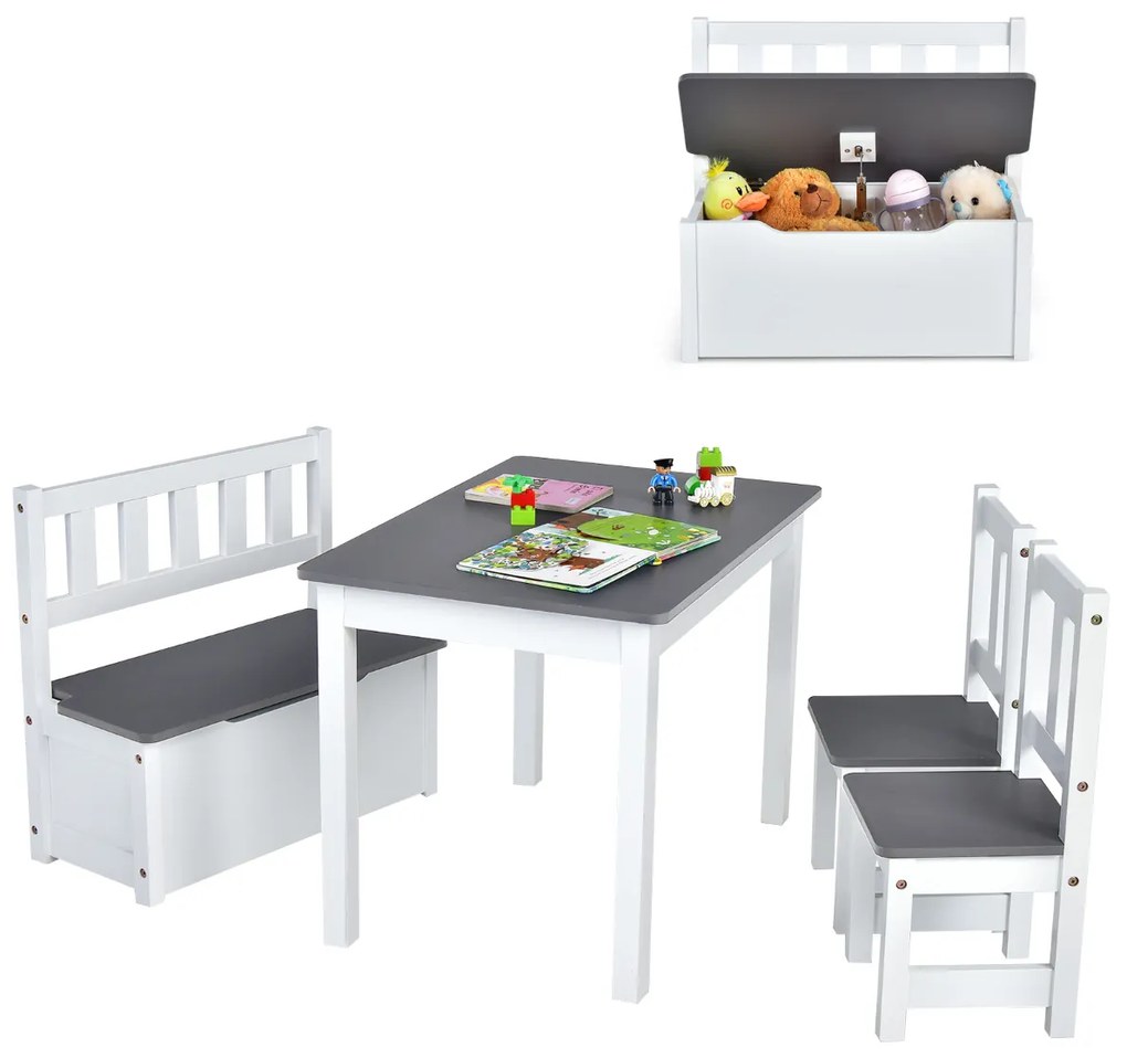 Conjunto de mesa e cadeiras para crianças 4 peças Conjunto de mesa de actividades de madeira 2 em 1 com 2 cadeiras e 1 banco para brincar desenhar ler