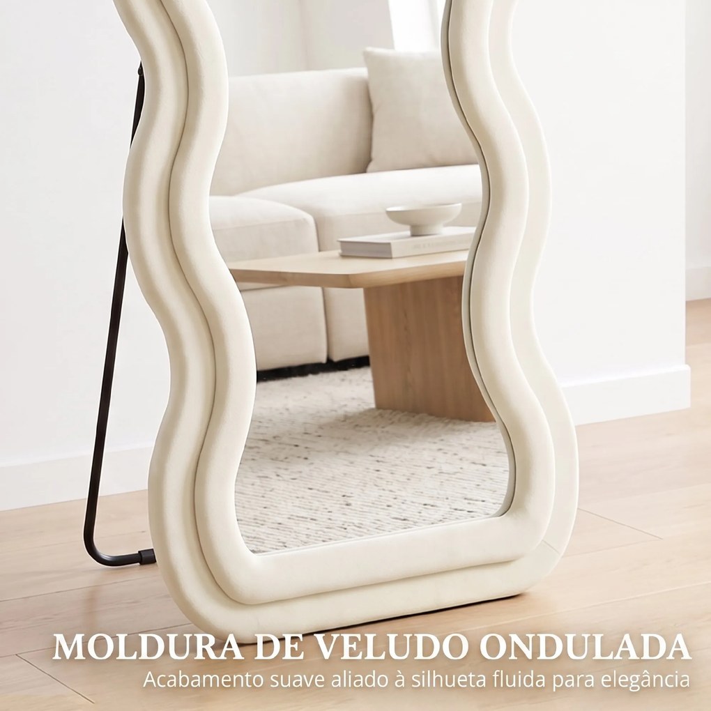 Espelho de Corpo Inteiro 160x60 cm com Moldura Ondulada Aveludada, de Pé, Apoiado e de Parede, Creme
