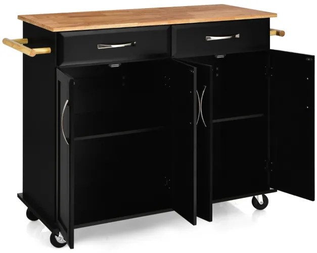 Carrinho para ilha de cozinha com tampo de madeira Estantes ajustáveis 2 gavetas grandes 122 x 48 x 92,5 cm Preto