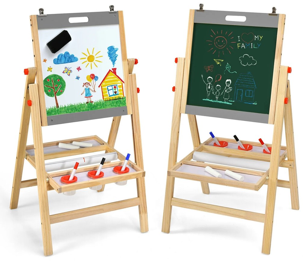 Cavalete infantil de madeira 3 em 1 com tábuas duplas e bandeja de armazenamento - amarelo