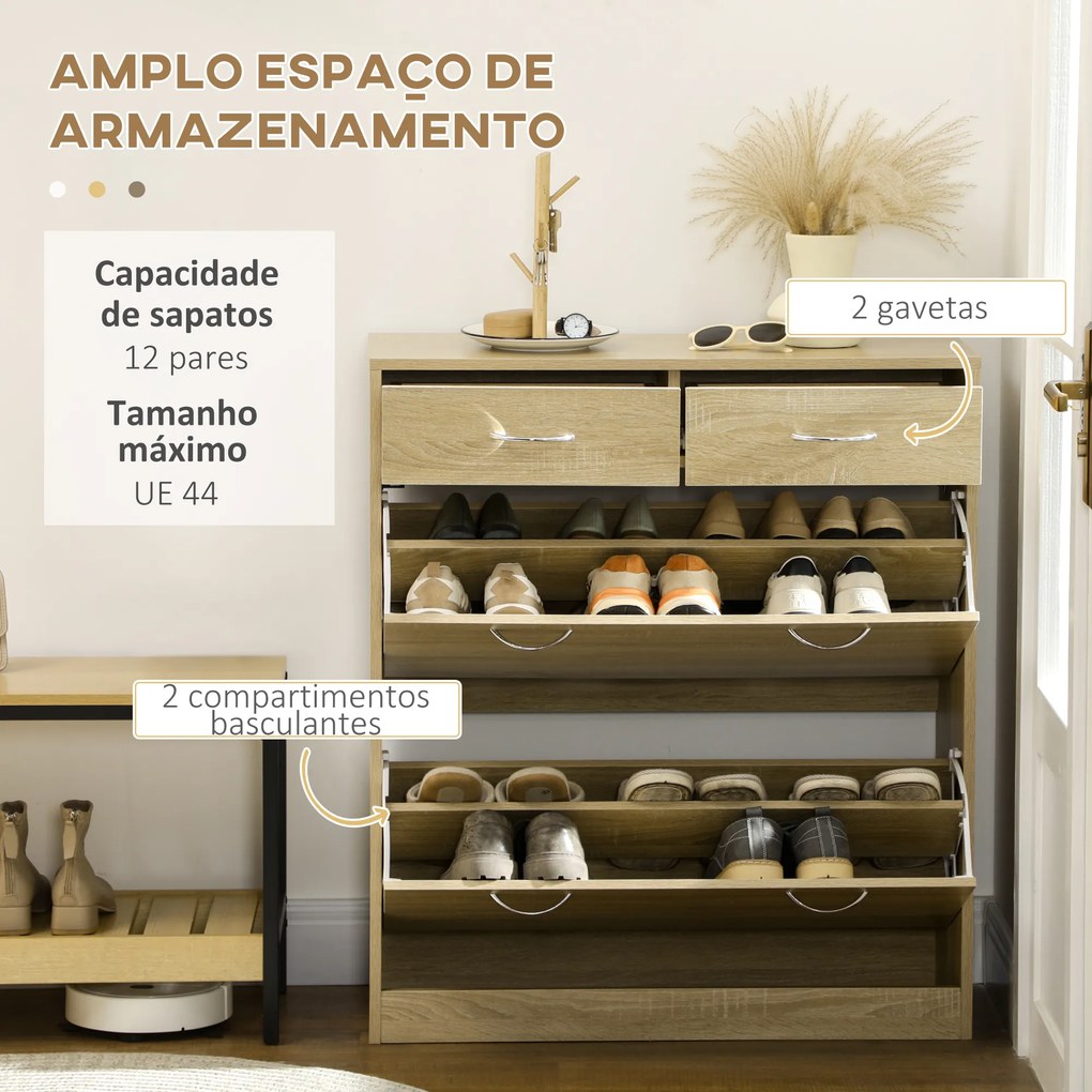 HOMCOM Sapateira Móvel para Sapatos Estreito com 2 Compartimentos e 2 Gavetas para 12 Pares de Sapatos para Sala de Estar Entrada Corredor 80x30x91,5 cm Carvalho