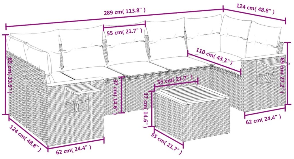 8 pcs conjunto de sofás p/ jardim com almofadões vime PE bege