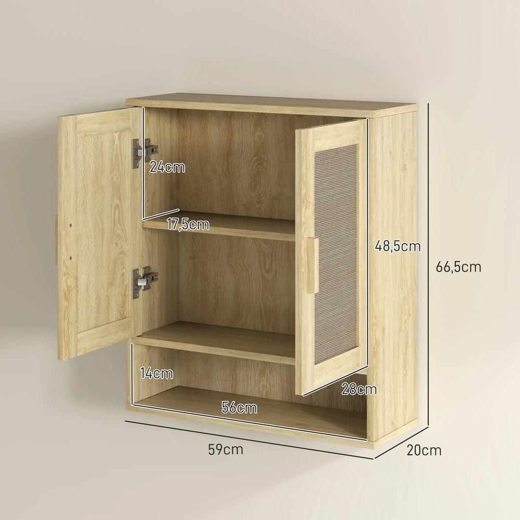 Móvel de parede para casa de banho  59 x 20 x 66,5 cm, com porta dupla e prateleira aberta, com efeito de carvalho