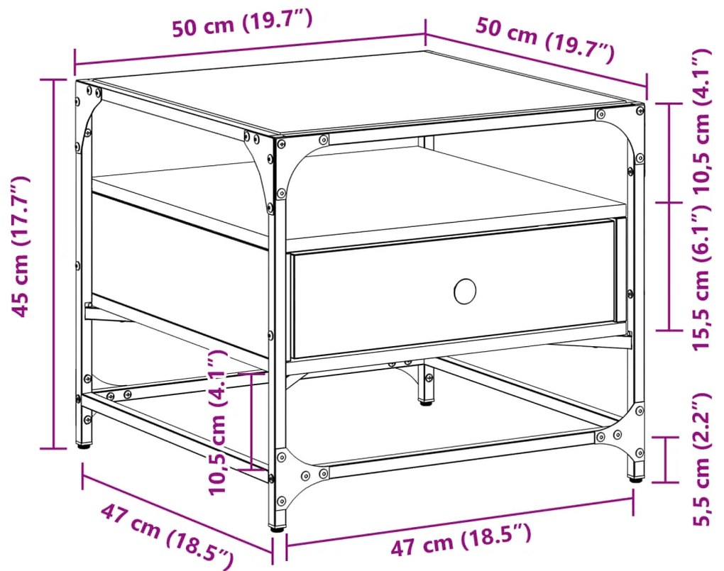 Mesa de centro c/topo de vidro 50x50x45cm carvalho sonoma aço
