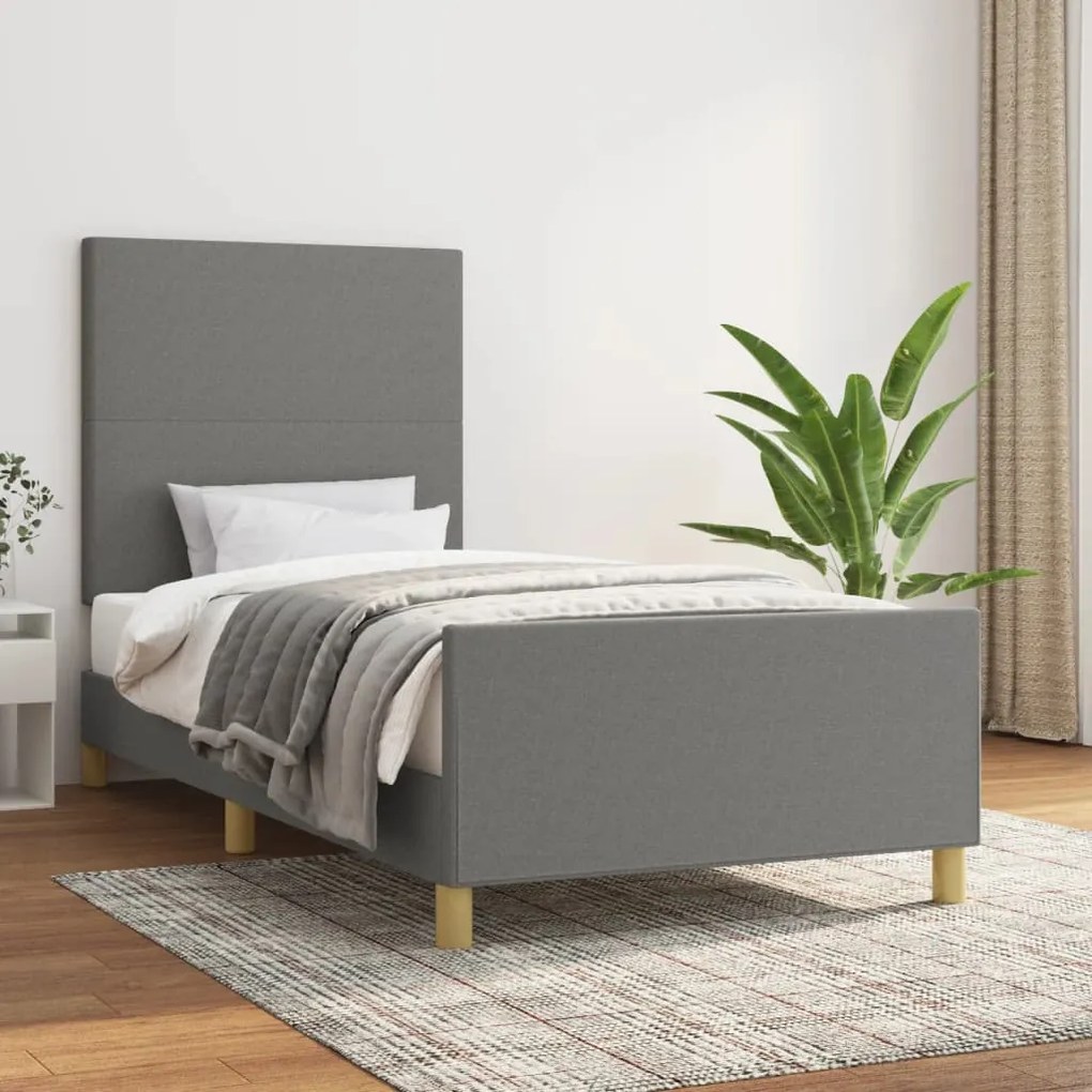 Estrutura de cama c/ cabeceira tecido 90x190 cm cinza-escuro