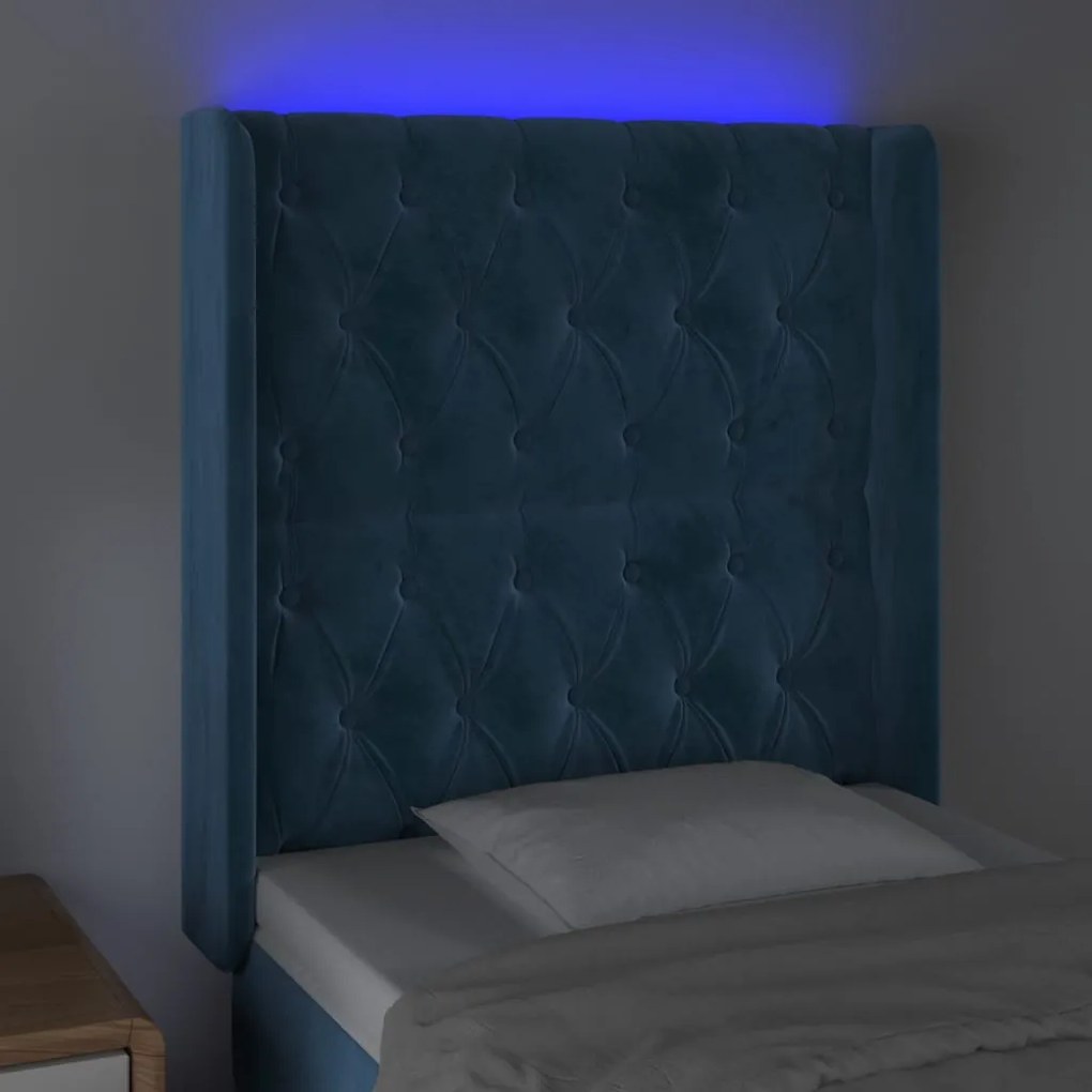 Cabeceira cama c/ luzes LED veludo 83x16x118/128 cm azul-escuro
