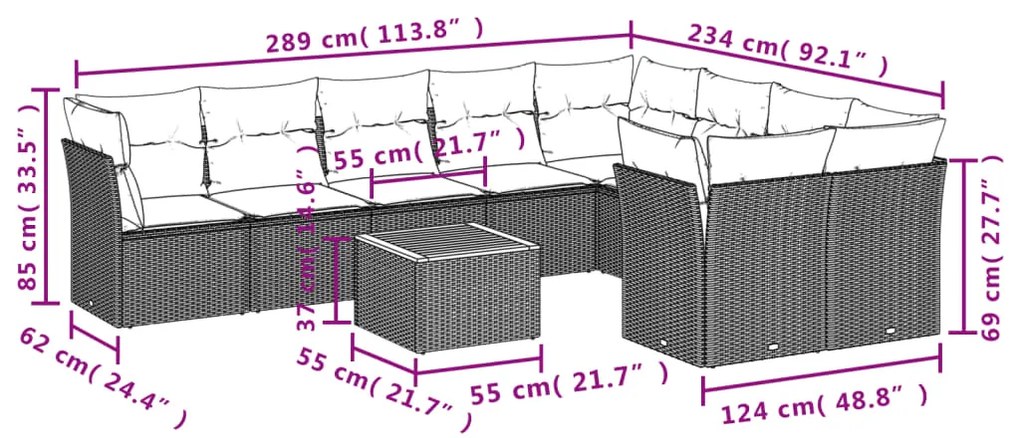 10 pcs conj. sofás jardim c/ almofadões vime PE bege misturado