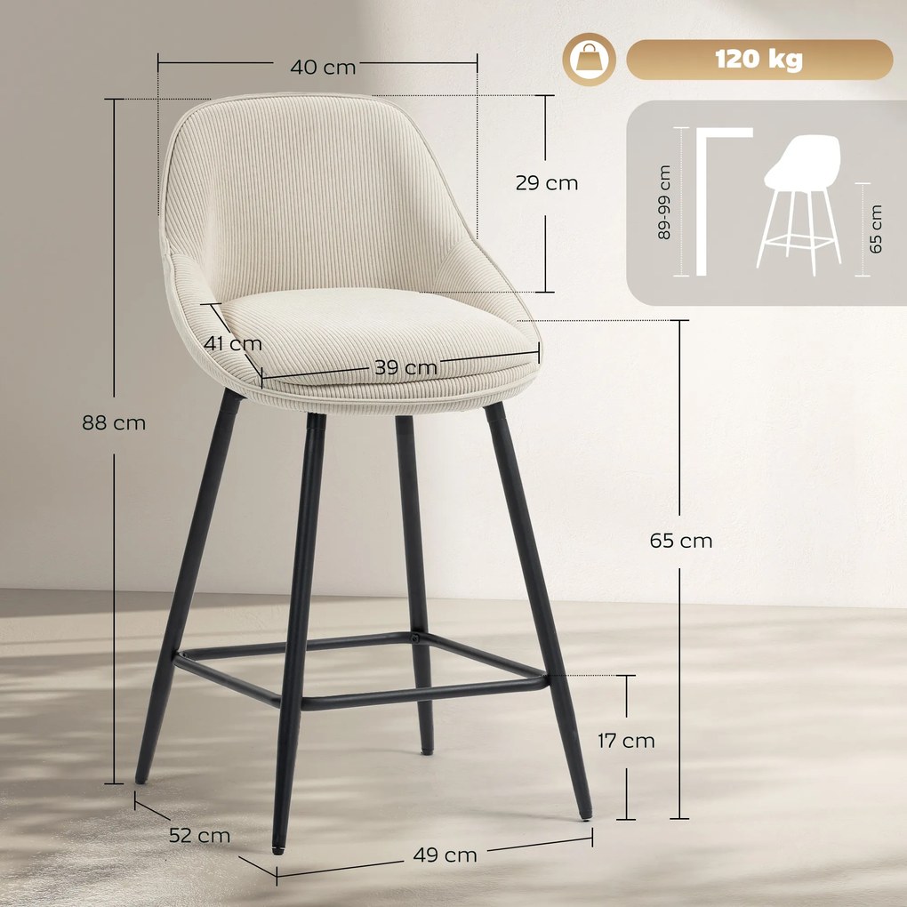 Conjunto de 2 bancos de bar em veludo canelado, bancos de bar com encosto curvo e apoio para os pés, 49 x 52 x 88 cm, creme