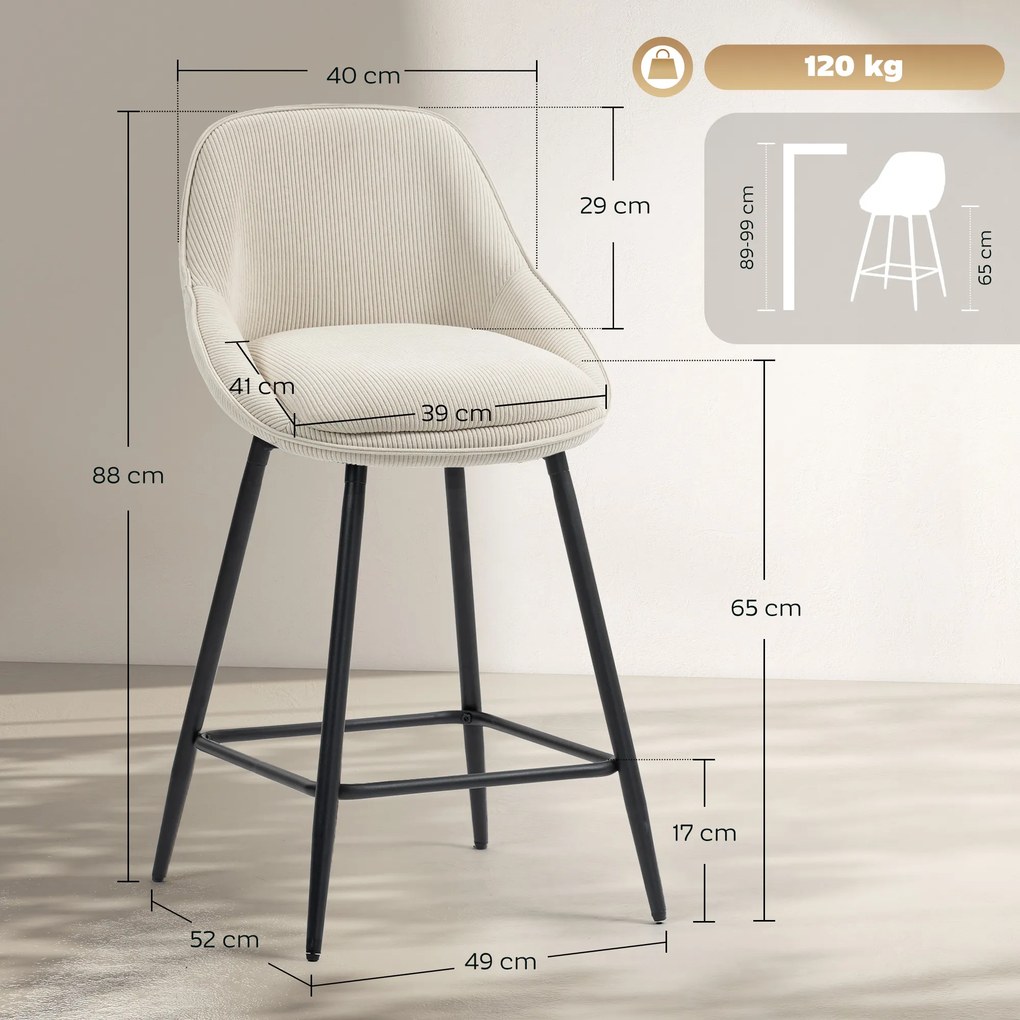 Conjunto de 2 bancos de bar em veludo canelado, com encosto curvo e apoio para os pés, 49x52x88 cm, creme