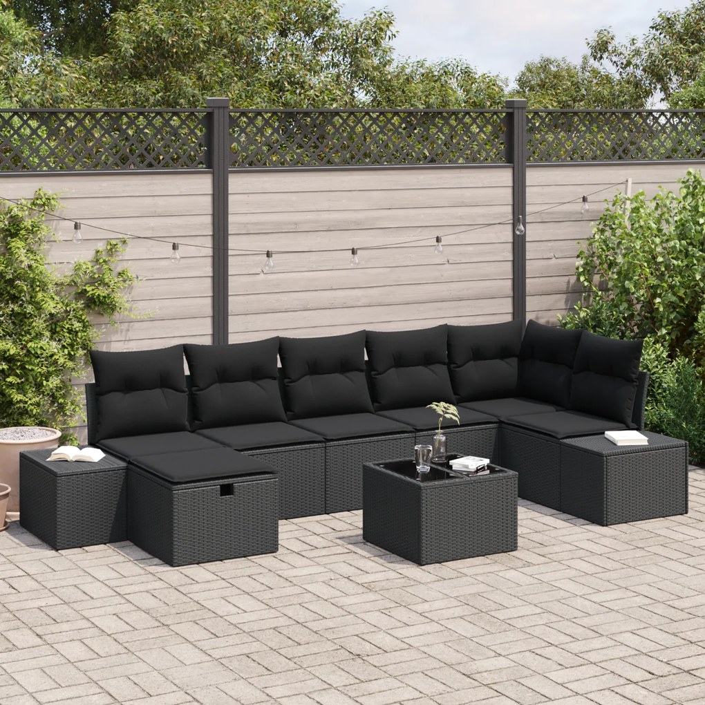 Conjunto de Sofá de Jardim de 8 Peças com Almofadas Pretas de Rattan S