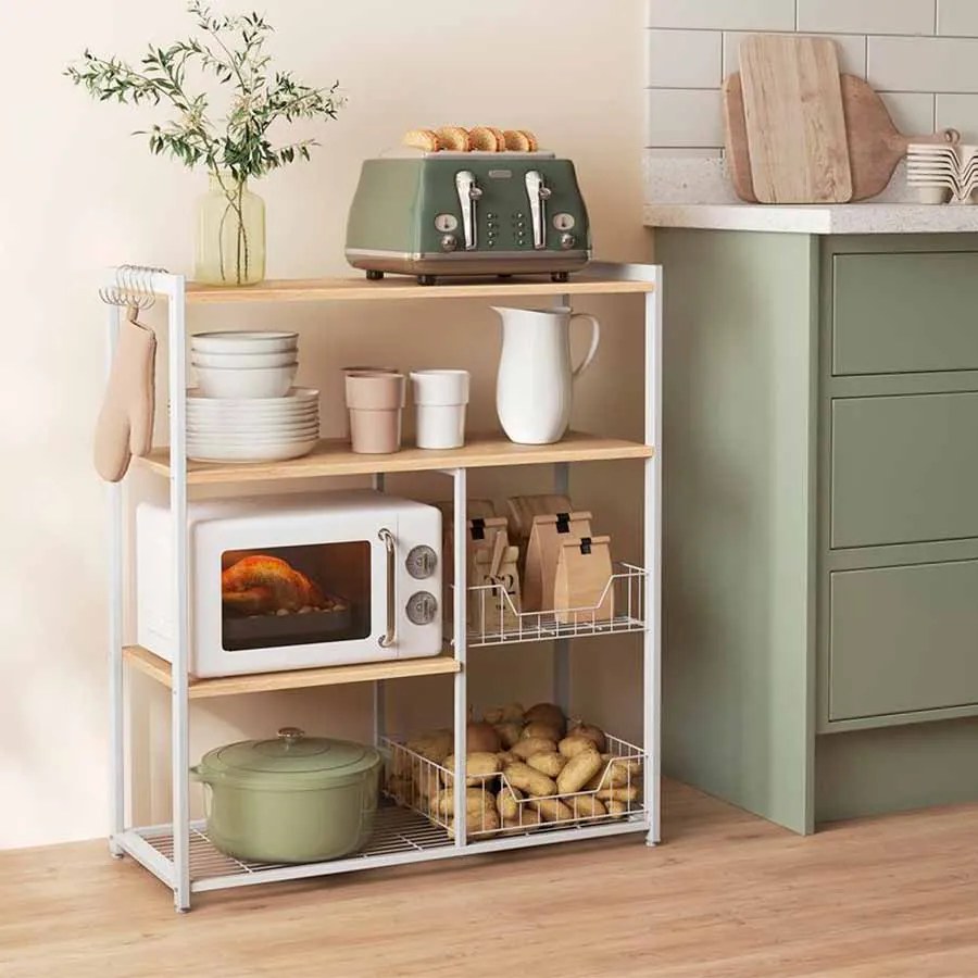 Armário de cozinha com 2 cestos metálicos e ganchos 35 x 80 x 95 cm castanho-branco