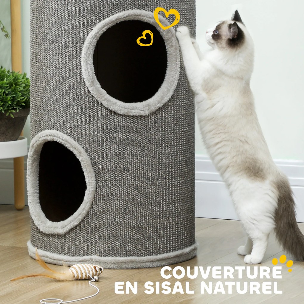 Barril Arranhador para Gatos, 35 x 35 x 60 cm, 2 Níveis, Cinzento-claro