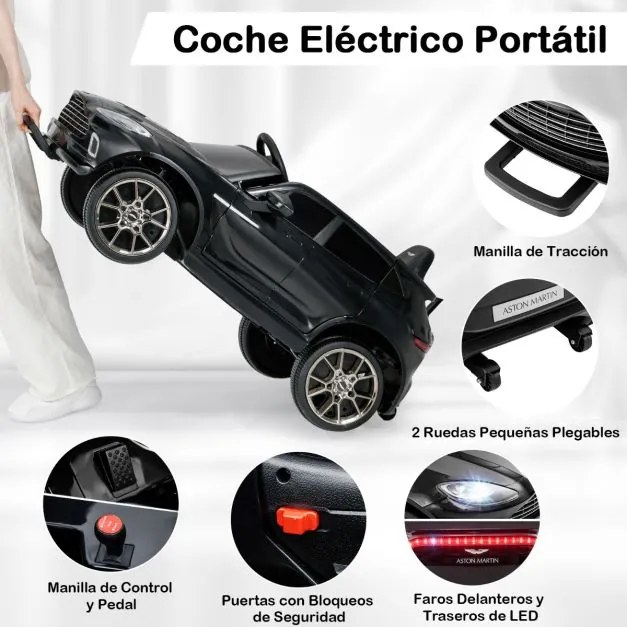 Carro elétrico infantil de 12 V Aston Martin DBX com portas duplas com fecho, controlo remoto, arranque gradual, luzes LED, porta USB e buzina – Preto