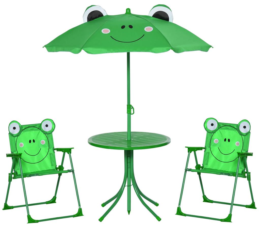 Outsunny Conjunto de Mesa e Cadeira de Jardim Dobrável para Crianças com Chapéu de Sol 100-125cm Desenho de Sapo Verde | Aosom Portugal