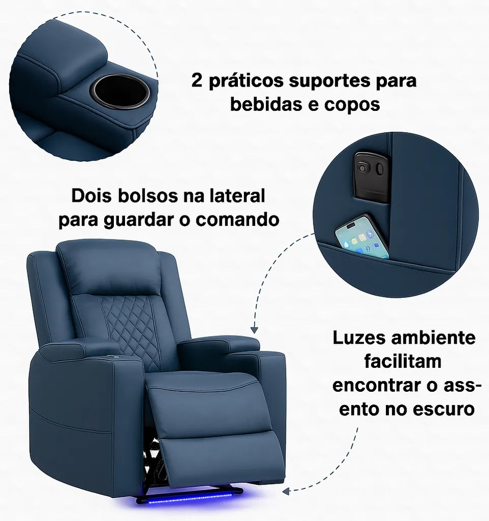 Poltrona Relax Elétrica Reclinável Sintra – Azul – Com Massagem, LED,