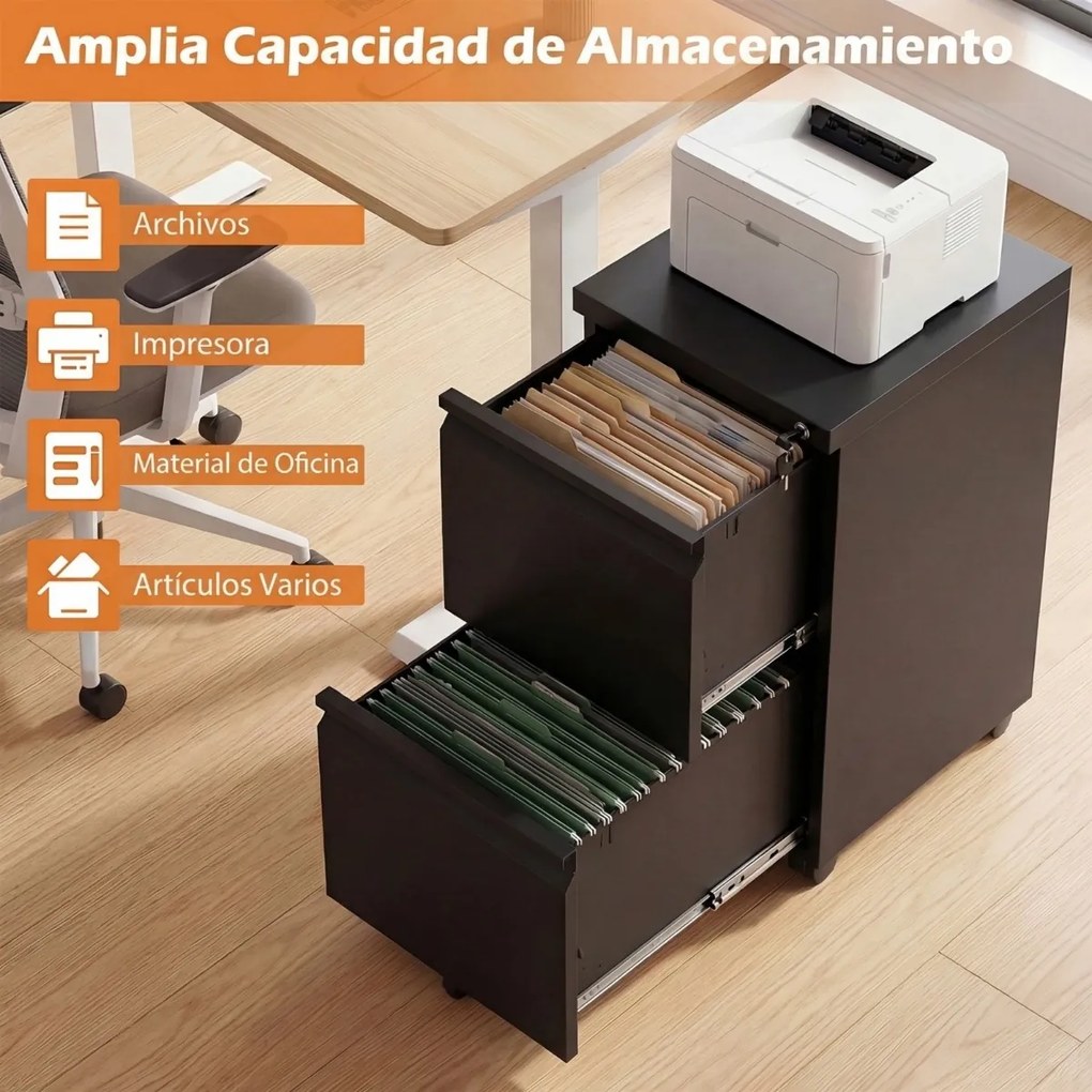 Armário de arquivo escritório móvel com 2 gavetas 44 x 37 x 67 cm, fechadura e 5 rodas, em metal, para arquivos de tamanho Carta, A4 e Legal, para esc