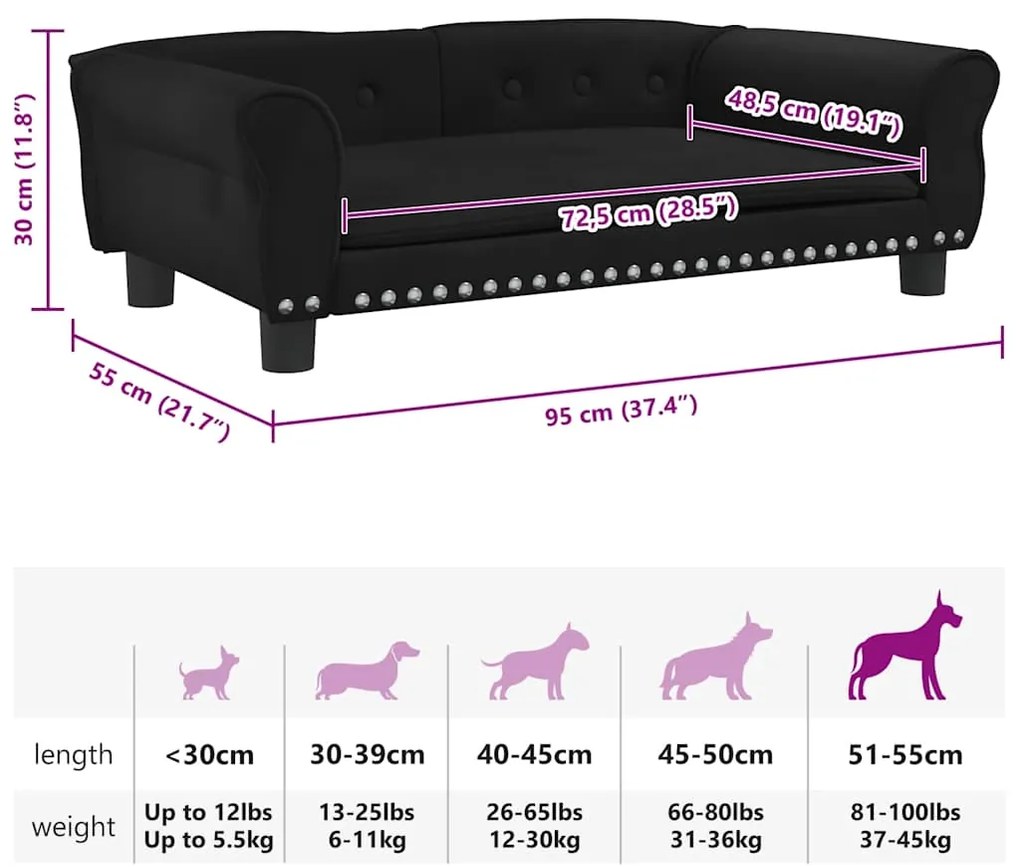Cama para cães 95x55x30 cm veludo preto