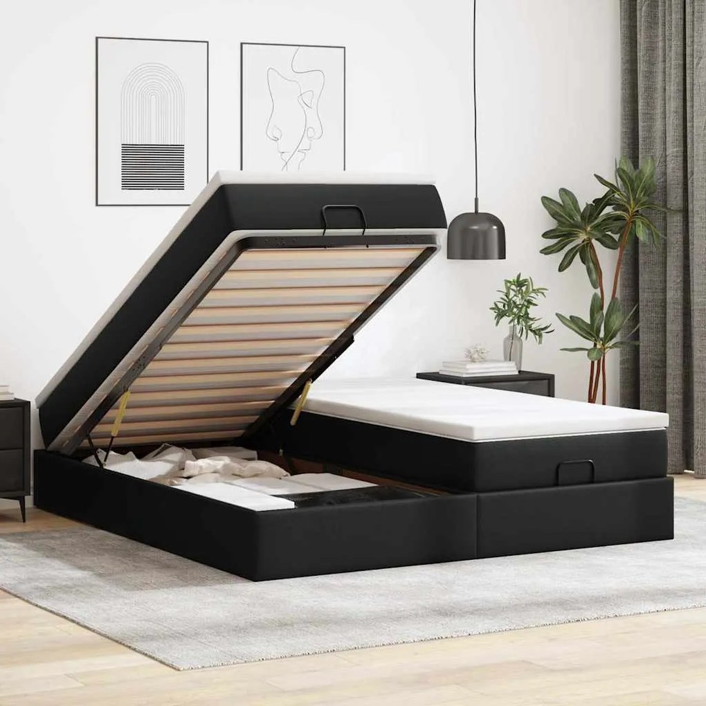 Estrutura de cama otomana com colchões pele artificial preta