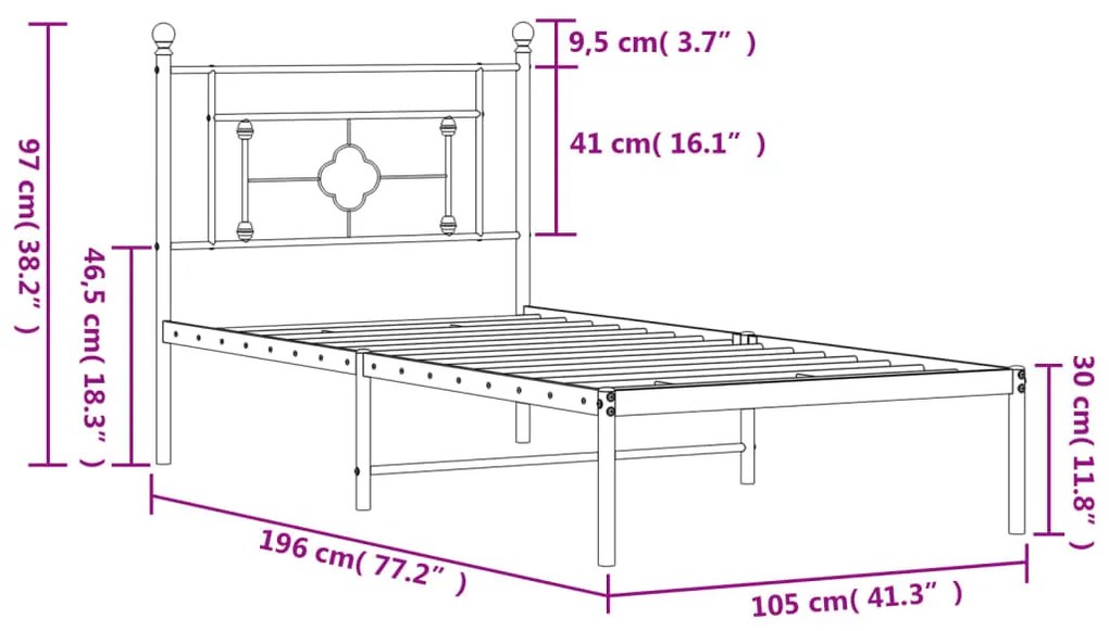 Estrutura de cama com cabeceira 100x190 cm metal preto