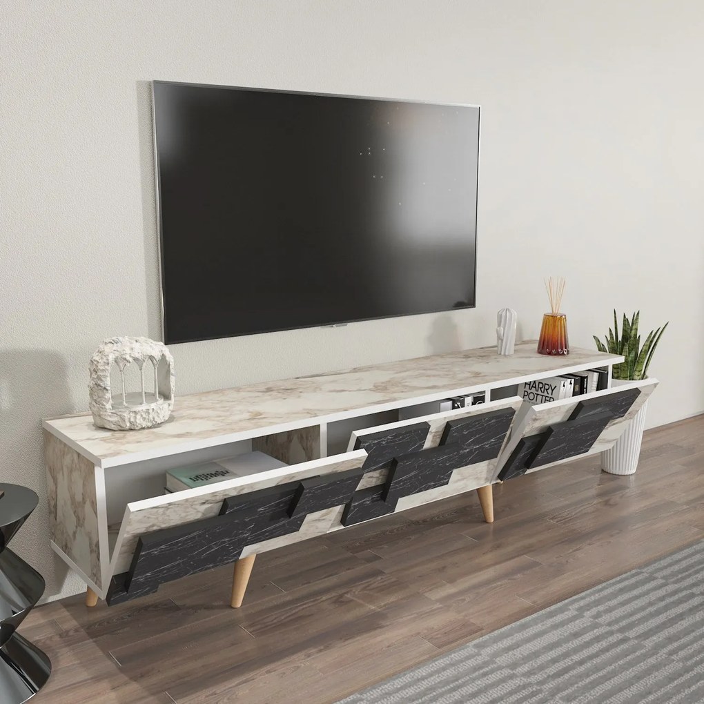 Móvel TV 3D – Branco Mármore – 160x45x35 cm