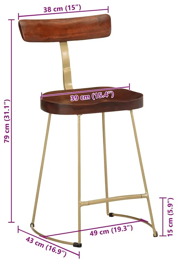 Bancos de bar 2 pcs 49x43x79 cm madeira de mangueira maciça