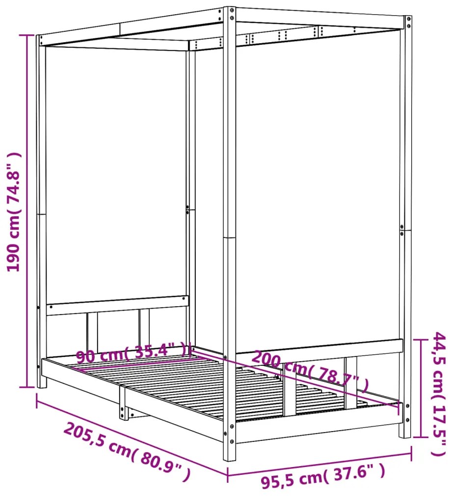 Estrutura de cama infantil 90x200 cm pinho maciço preto