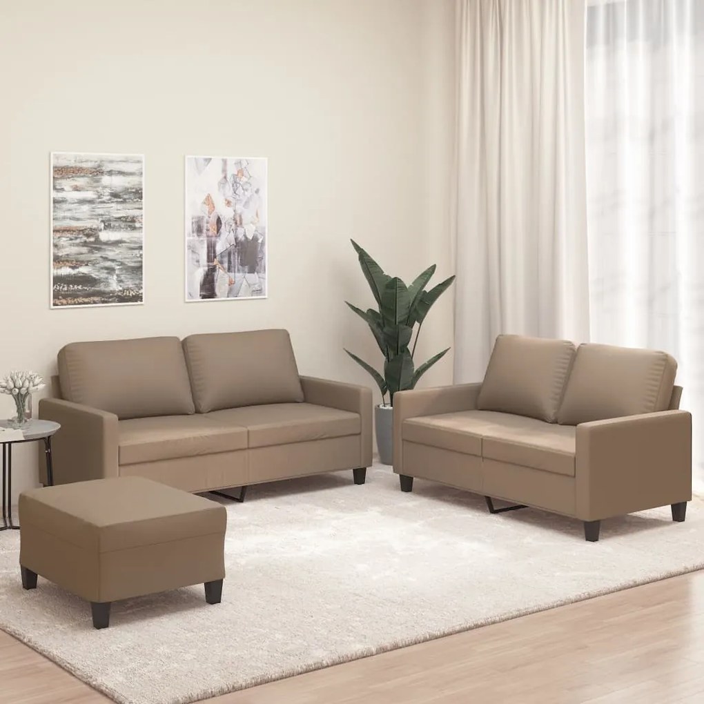 vidaXL 3 pcs conjunto sofás c/ almofadões couro artif. cor cappuccino