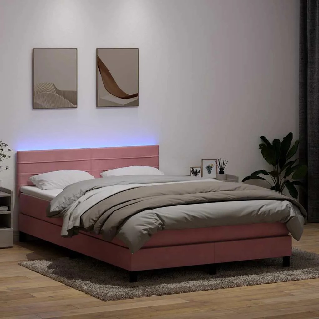 vidaXL Cama box spring c/ colchão e LED 160x210 cm veludo rosa