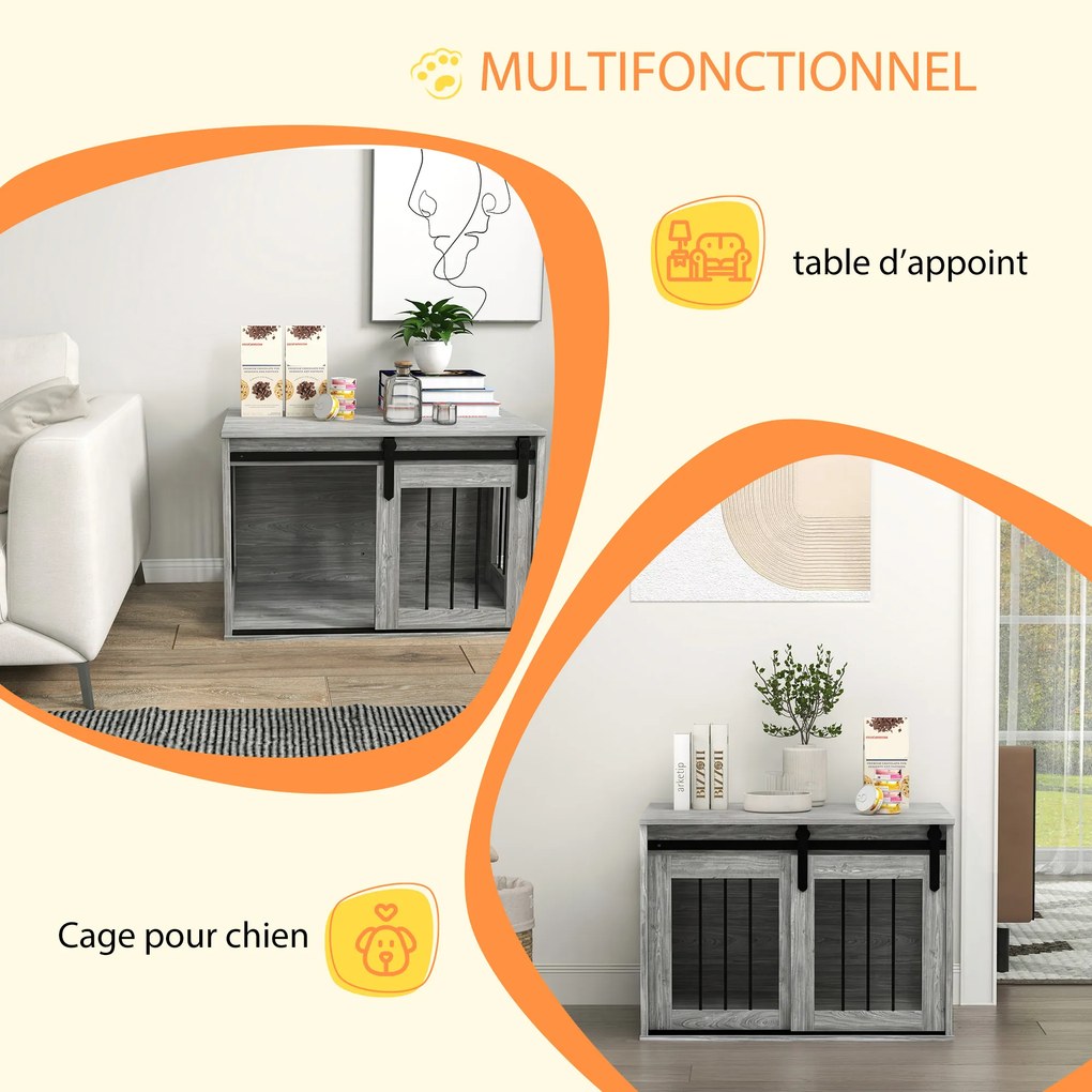 Gaiola para cães e animais de estimação 57 (A) x 80 (C) x 54 (L) cm, para interior, com porta deslizante, em metal com efeito de madeira cinzenta