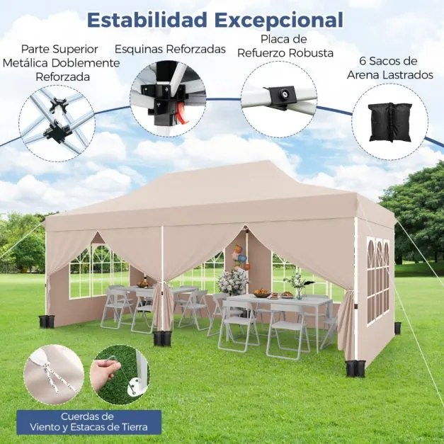 Tenda jardim, festas, eventos de 600 x 300 cm com 6 paredes laterais removíveis, com 6 pesos com bolsa de transporte Bege