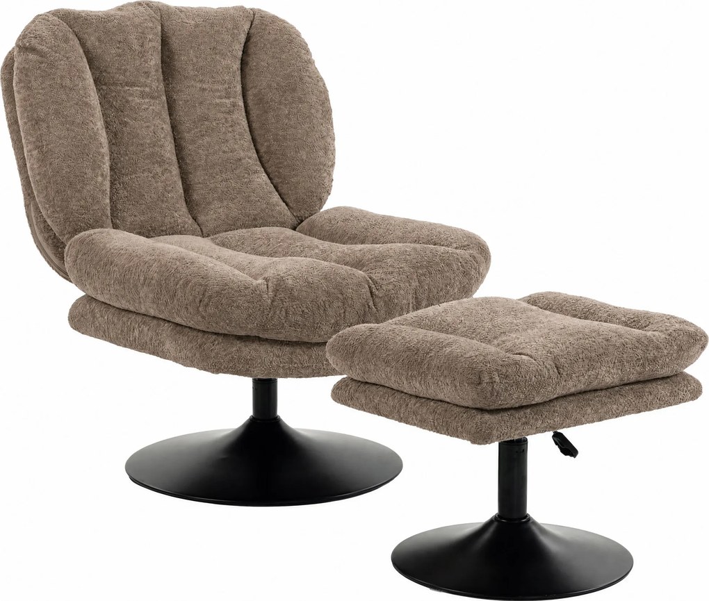 HOMCOM Poltrona lounge com puff, giratória 360°, em veludo Raindrop, puff com altura ajustável, Castanho | Aosom Portugal