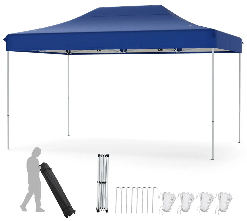 Tenda dobrável 300 x 445 cm Fácil montagem Bolsa de transporte com rodas 4 cordas 8 estacas, feiras, eventos, festas Azul