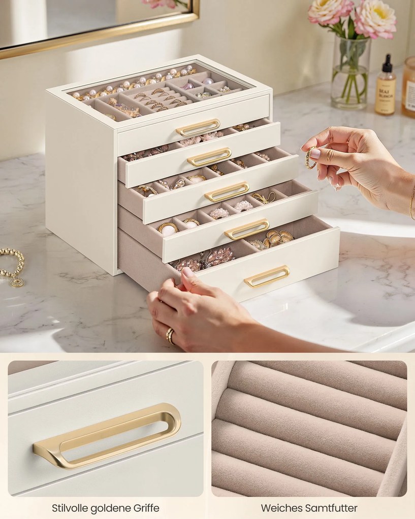 Caixa para joias em MDF 24 x 17,2 x 18,4 cm com tampa de vidro e cinco compartimentos, Branco creme