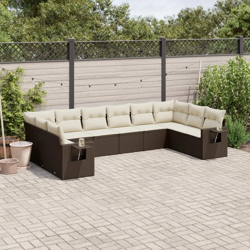 vidaXL 10 pcs conj. sofás jardim com almofadões vime PE castanho