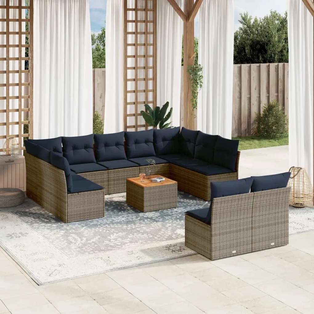 vidaXL 12 pcs conjunto sofás p/ jardim c/ almofadões vime PE cinzento