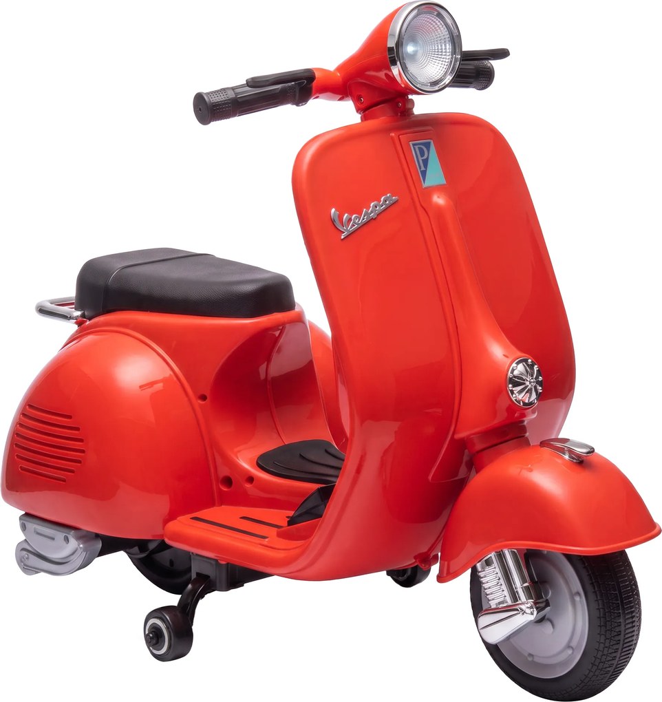 Mota Elétrica Infantil VESPA 6V com Arranque Suave, Rodas de Apoio, Luz, Música e USB - Vermelho