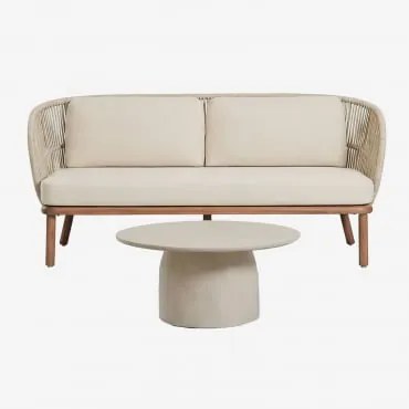 Conjunto De Sala Com Sofá De 2 Lugares Em Corda Trançada Capri E Mesa De Centro Redonda Ø75 Cm Em Cimento Layana Crema - Sklum