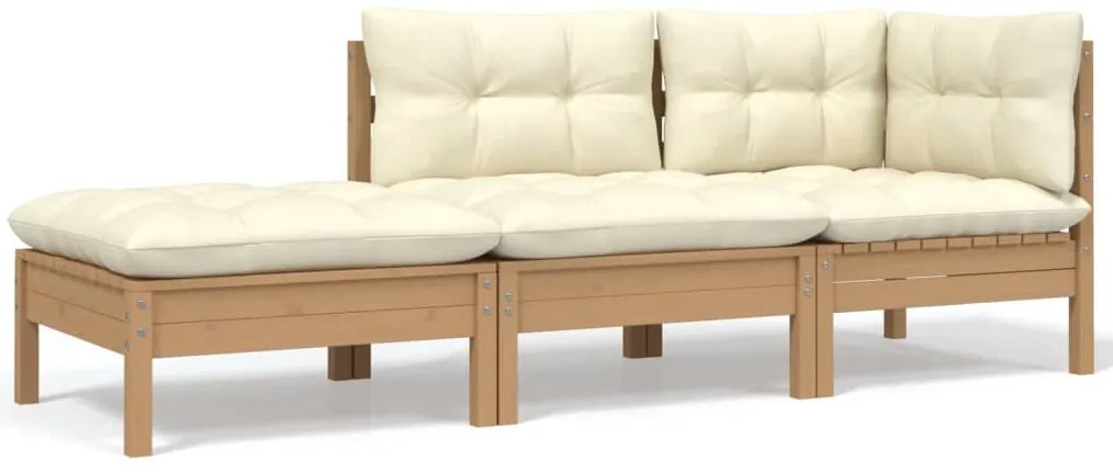 3 pcs conjunto lounge jardim c/ almofadões creme pinho maciço