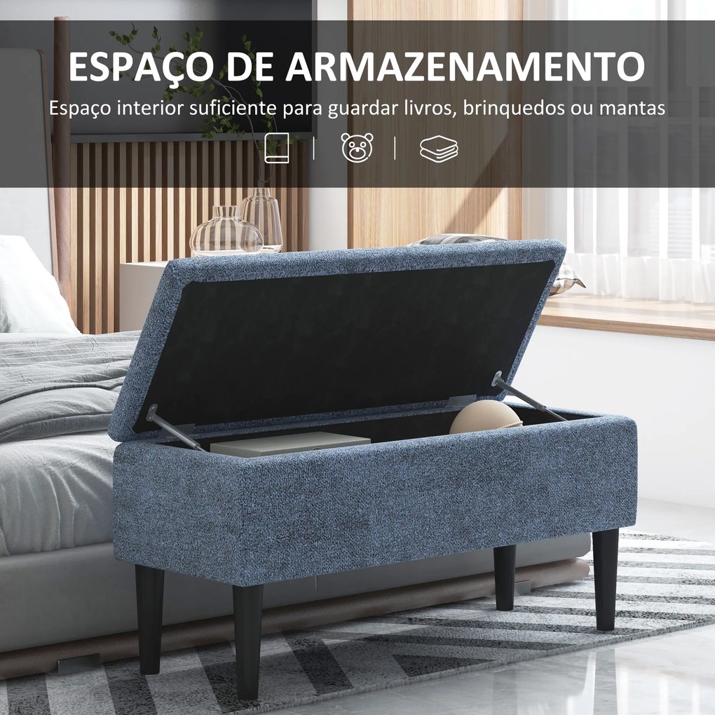 Banco de Armazenamento de Quarto Capacidade 47L Tampa Abatível e Pés de Madeira de Borracha Carga 120 kg 95x38x45 cm Azul