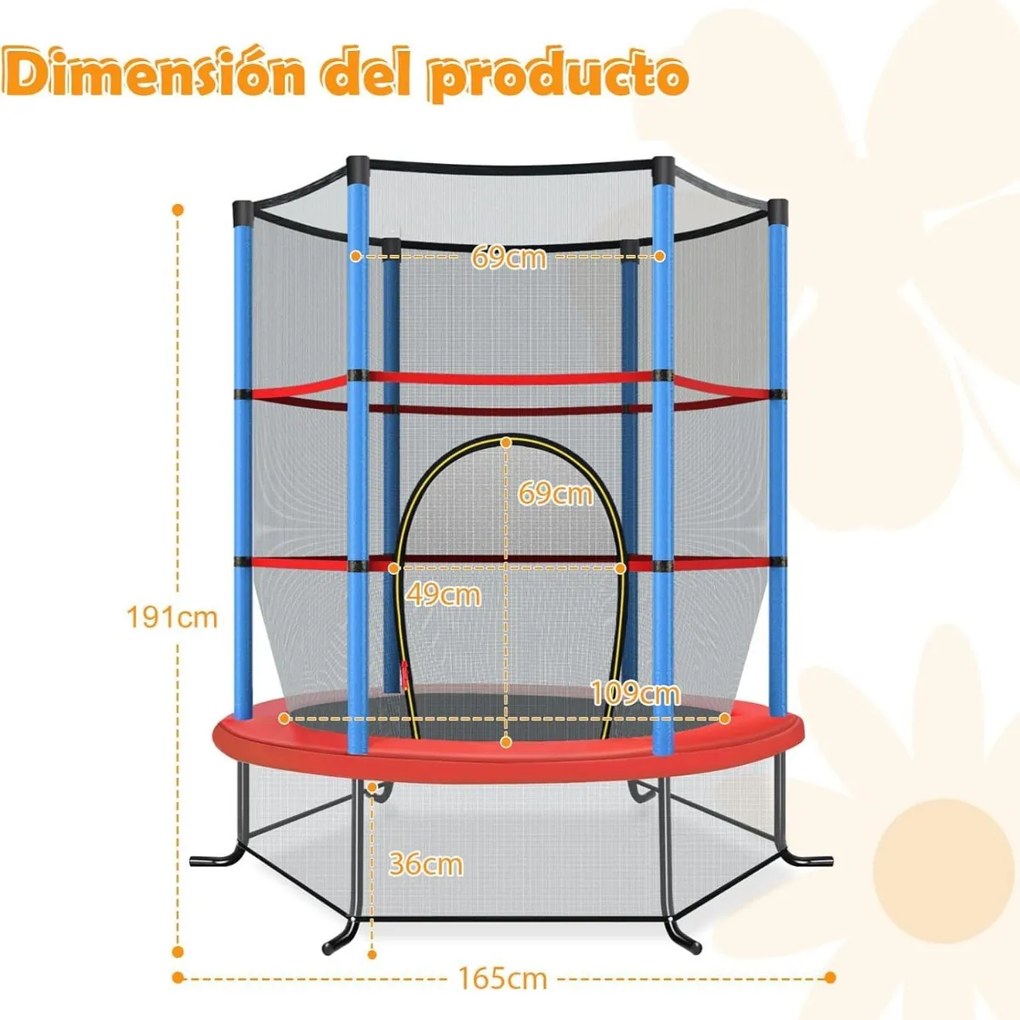 Trampolim para crianças 165 cm com rede de segurança e almofada de mola recreativa Estrutura em aço Azul