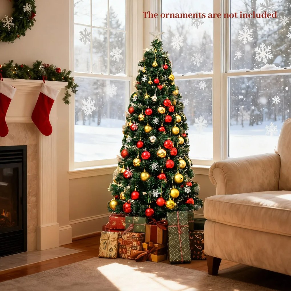 Árvore de Natal de fibra ótica de 150 cm artificial pré-iluminada (DECORAÇÕES NÃO INCLUIDAS) com 8 modos de luz 170 pontas de ramos 20 flocos de neve